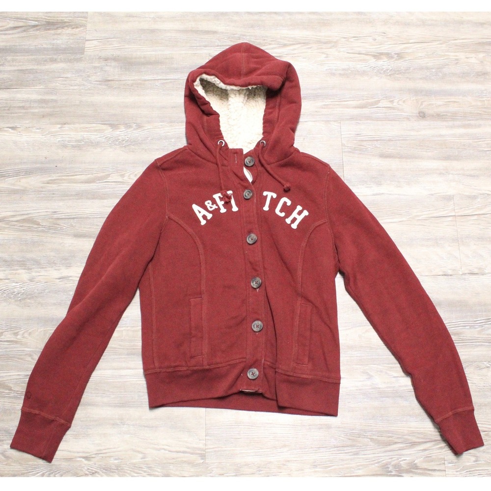 Abercrombie & Fitch Burgundy Sherpa Lined Button Front Hoodie Womens Medium